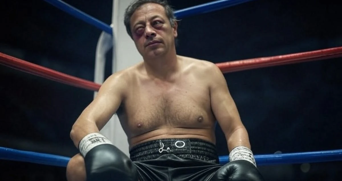 Presidente Gustavo Petro golpeado en un ring de boxeo, simbolizando el Juicio Político en Colombia liderado por Foro Colombia Libre.