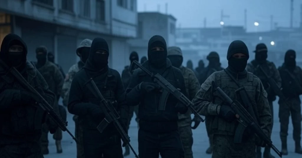 El poderoso rearme de las estructuras criminales en Colombia, Más de 18,000 Terroristas Armados 1 Estructuras Criminales: Hombres fuertemente armados patrullan una calle en un ambiente tenso, mientras ciudadanos intimidados observan desde la distancia.