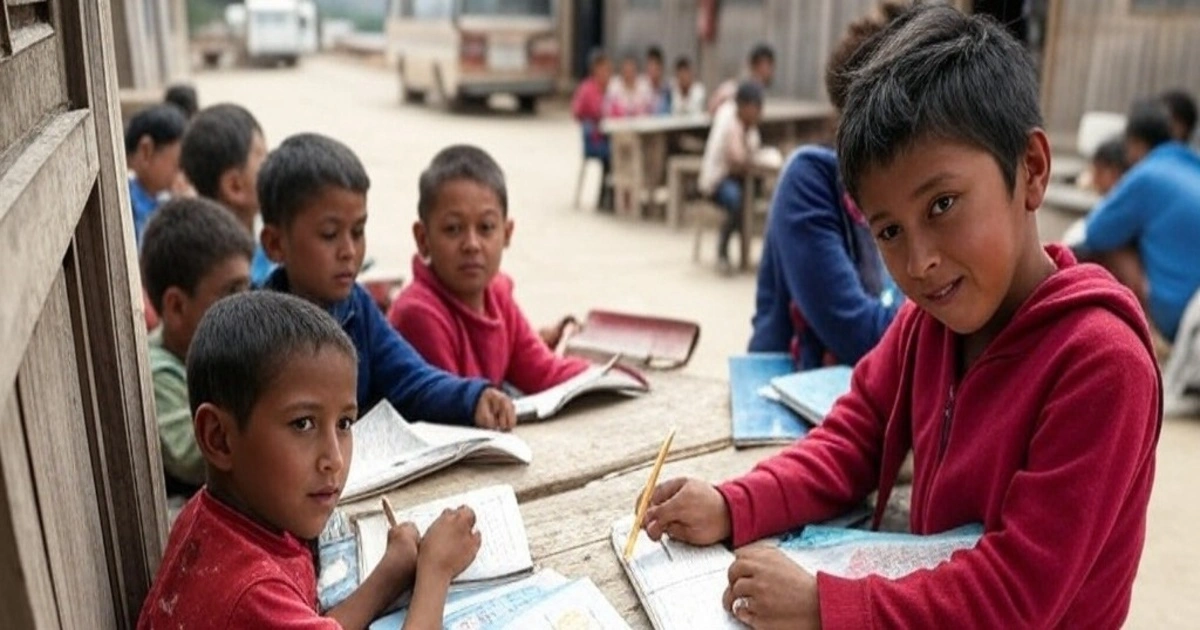 Educación de calidad: Ilustración realista que representa la falta de acceso a educación en las zonas rurales de Colombia. Se observa una escuela deteriorada con paredes agrietadas y un techo en mal estado. En primer plano, un grupo de niños sentados en el suelo o en bancas improvisadas con cuadernos desgastados, sin mostrar sus rostros. Algunos adultos de pie o inclinados sobre ellos señalan libros o escriben en pizarras portátiles. En el fondo, un camino de tierra conecta con un pequeño pueblo de casas de madera y un autobús viejo averiado, insinuando las dificultades del transporte escolar.