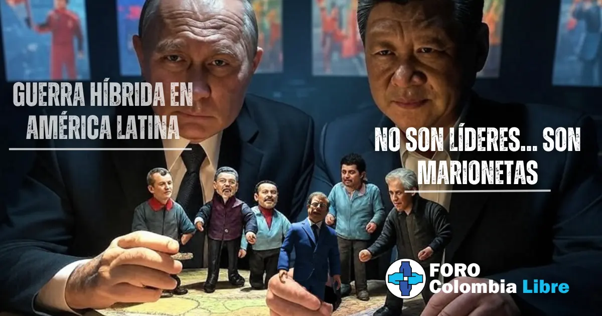 Ilustración ultrarrealista que representa la guerra híbrida en América Latina, con dos figuras gigantes manipulando títeres sobre un mapa de la región.