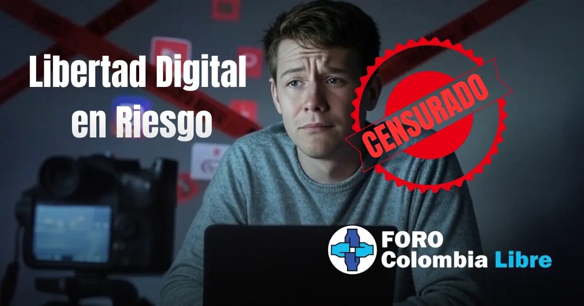 Un joven creador de contenido con expresión preocupada, sentado frente a su laptop y una cámara de grabación en un ambiente oscuro. Al fondo, cintas rojas de advertencia y logotipos de redes sociales como YouTube e Instagram sugieren censura y restricciones digitales. Un sello de ‘CENSURADO’ resalta la sensación de control y regulación. La imagen representa la amenaza a la libertad digital y las preocupaciones sobre la regulación estatal de los creadores de contenido en Colombia. En la parte inferior, el logo de Foro Colombia Libre refuerza la postura crítica hacia el proyecto de ley influencer.