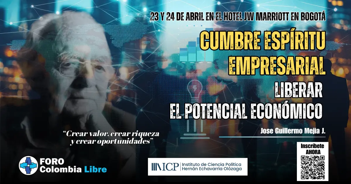 Cumbre Espíritu Empresarial: una apuesta por liberar el potencial económico de Colombia 1 Retrato de Don Hernán Echavarría Olózaga con fondo digital y empresarios, anunciando la Cumbre Espíritu Empresarial 2025 en Bogotá para liberar el potencial económico de Colombia, organizada por Foro Colombia Libre.