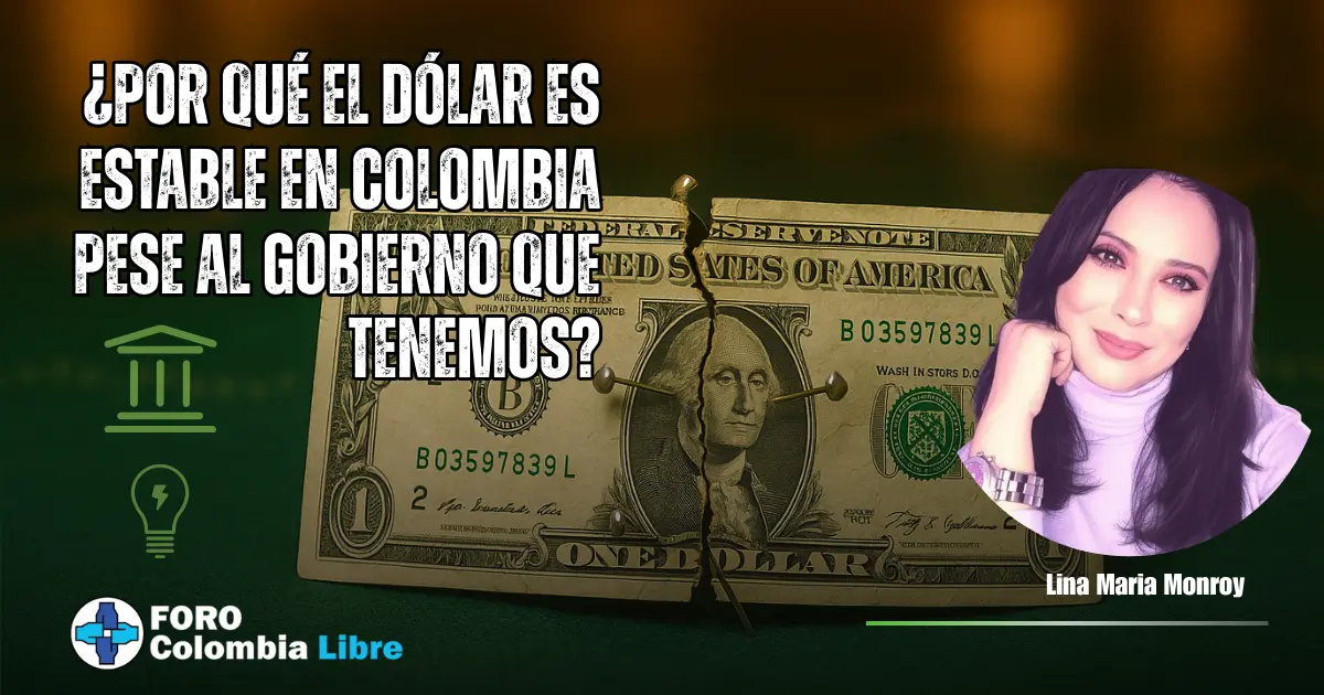¿Por qué el dólar es estable en Colombia pese al gobierno que tenemos? 1 Billete de dólar roto sostenido por alfileres sobre fondo verde, con título ¿Por qué el dólar es estable en Colombia pese al gobierno que tenemos? y foto de Lina María Monroy.