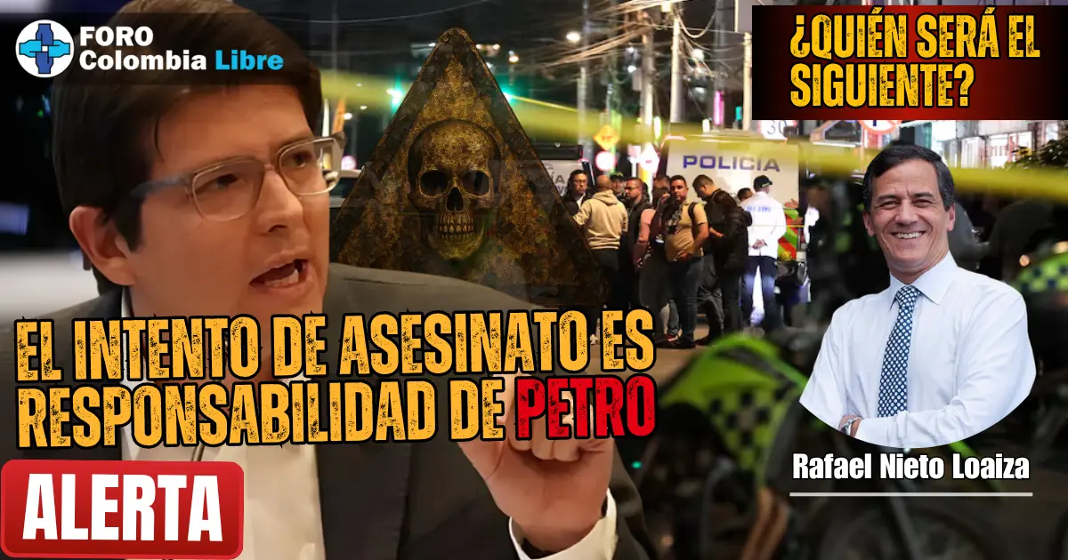 !INTENSO¡ EL INTENTO DE ASESINATO ES RESPONSABILIDAD DE PETRO 1 Responsabilidad de Petro | Miniatura de video político que denuncia el intento de asesinato contra Miguel Uribe. En primer plano aparece Uribe señalando con firmeza. Al fondo, escena nocturna con policía y cinta de acordonamiento. Una calavera simboliza la amenaza. Rafael Nieto aparece como figura opositora. Texto en rojo y amarillo acusa directamente al presidente Gustavo Petro como responsable.