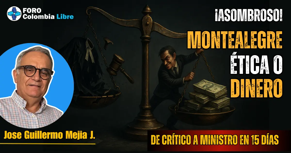 Montealegre Contradicción Ética | Montealegre dijo: ¡No más corrupción! ¡Basta ya, Petro! 1 Montealegre Contradicción Ética, Imagen simbólica de Montealegre manipulando una balanza de la justicia desequilibrada, con dinero que pesa más que la ética judicial. Crítica visual sobre contradicción ética en su paso de opositor a ministro.