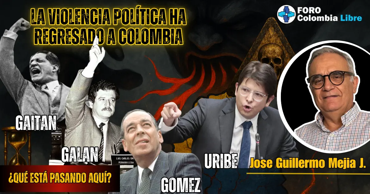 La violencia política ha regresado a Colombia”, según The Economist 1 Miniatura sobre el retorno de la violencia política en Colombia, con líderes asesinados como Gaitán, Galán y Gómez, y el senador Miguel Uribe señalado como objetivo. Fondo oscuro con símbolos de peligro, calavera y reloj de arena que simbolizan urgencia y amenaza a la democracia.