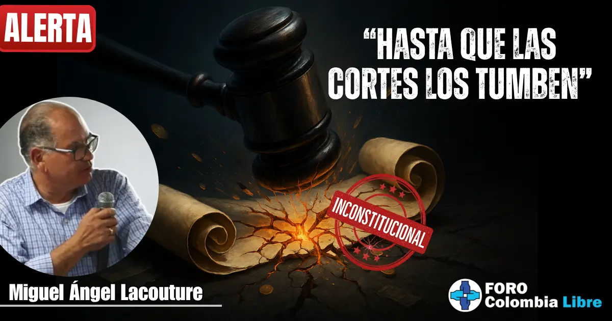 Mazo judicial impactando un pergamino agrietado, con sello rojo de “INCONSTITUCIONAL” sobre el documento roto. Imagen simbólica de decretos inconstitucionales del gobierno Petro, con fondo oscuro y sello institucional, representando fallos judiciales y daño al Estado de Derecho.