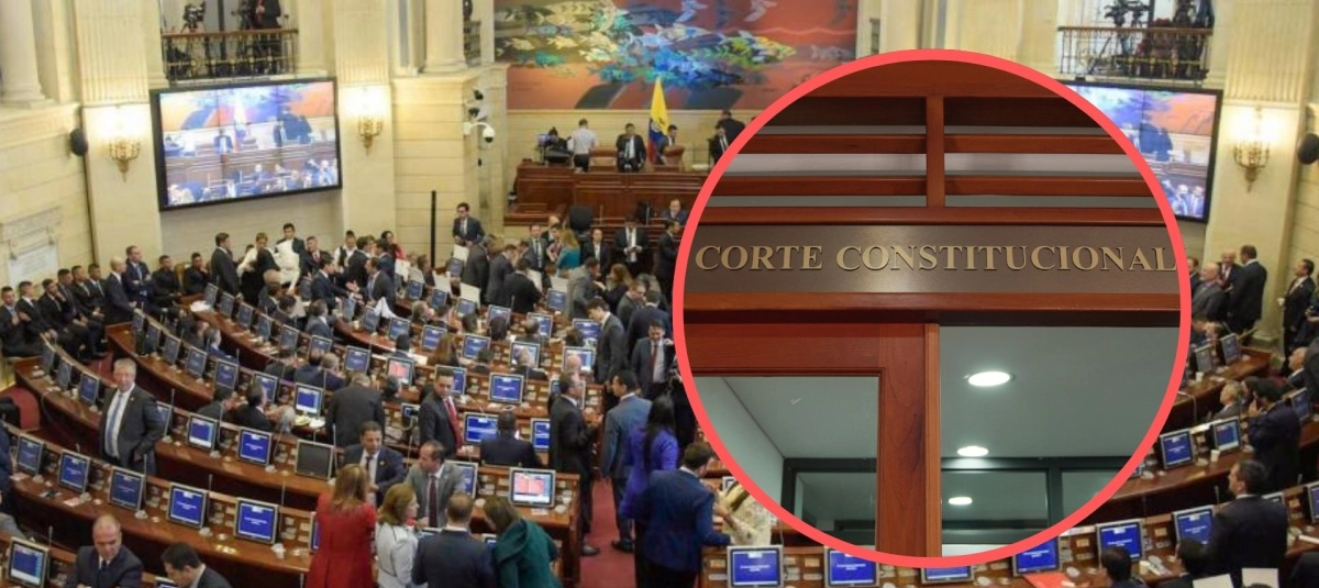 La Reforma Pensional está suspendida y en estado agónico 2 Plenaria del Congreso de Colombia con un recuadro de la entrada de la Corte Constitucional, simbolizando el control judicial sobre las decisiones legislativas.