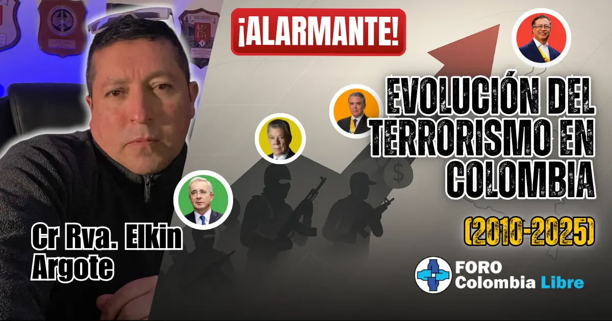 ¡Alarmante! Un Paralelo de la Evolución del Terrorismo en Colombia (2010-2025) 1 Miniatura para el artículo "Evolución del terrorismo en Colombia". Muestra una línea de tiempo que ilustra la evolución de los grupos armados ilegales en Colombia, con las fotos de los presidentes Uribe, Santos y Petro. Incluye los textos "¡ALARMANTE!", "EVOLUCIÓN DEL TERRORISMO EN COLOMBIA (2010-2025)" y la foto del autor Cr Rva. Elkin Argote y el logo de Foro Colombia Libre.