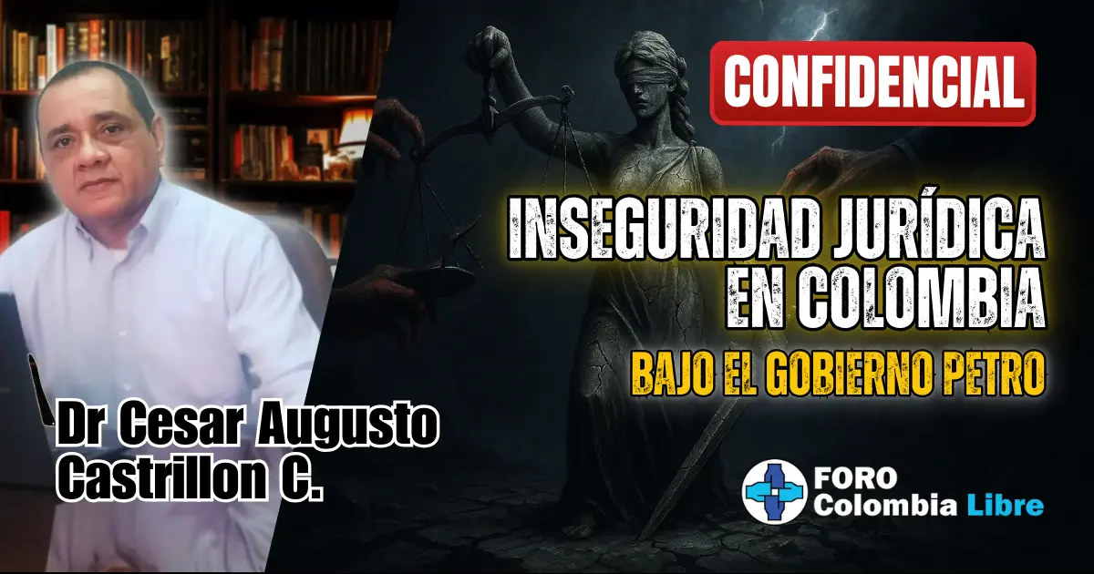 ¡Confidencial! La Inseguridad jurídica en Colombia bajo el gobierno Petro 1 Inseguridad jurídica en Colombia, Miniatura para el artículo "Inseguridad jurídica en Colombia bajo el gobierno Petro". Muestra una estatua de la justicia (Temis) con el suelo agrietado y manos que tiran de su balanza, simbolizando la inseguridad jurídica en Colombia. Incluye los textos "CONFIDENCIAL", "INSEGURIDAD JURÍDICA EN COLOMBIA" y "BAJO EL GOBIERNO PETRO". También se ve la foto del autor Dr. Cesar Augusto Castrillon C. y el logo de Foro Colombia Libre.
