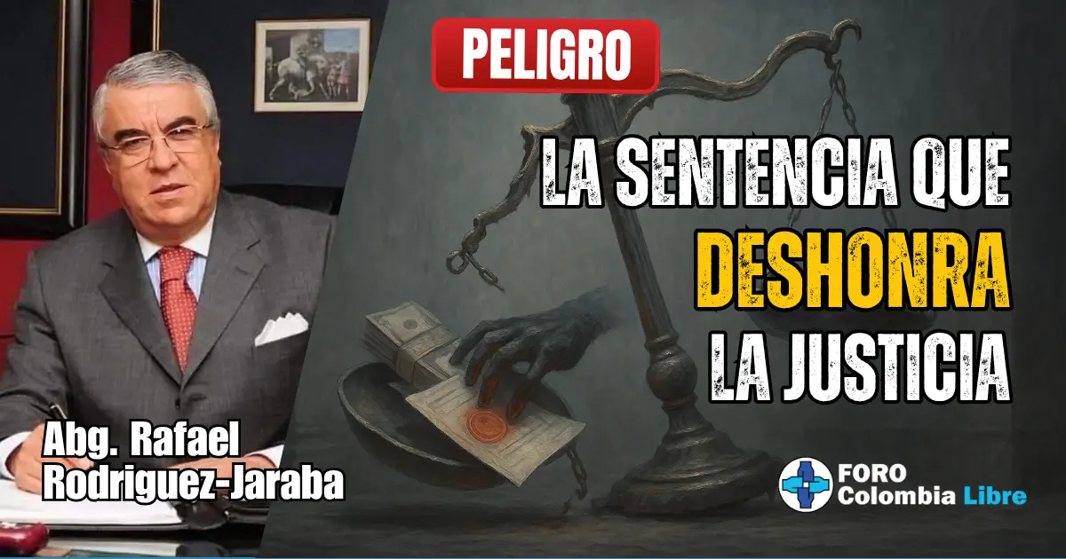 Miniatura para el artículo "SENTENCIA QUE DESHONRA LA JUSTICIA". Muestra una mano sombría manipulando una balanza de la justicia desequilibrada con un mazo, billetes y un documento sellado. El texto principal dice "LA SENTENCIA QUE DESHONRA LA JUSTICIA". También incluye el banner "PELIGRO" y la foto del autor Abg. Rafael Rodríguez-Jaraba.