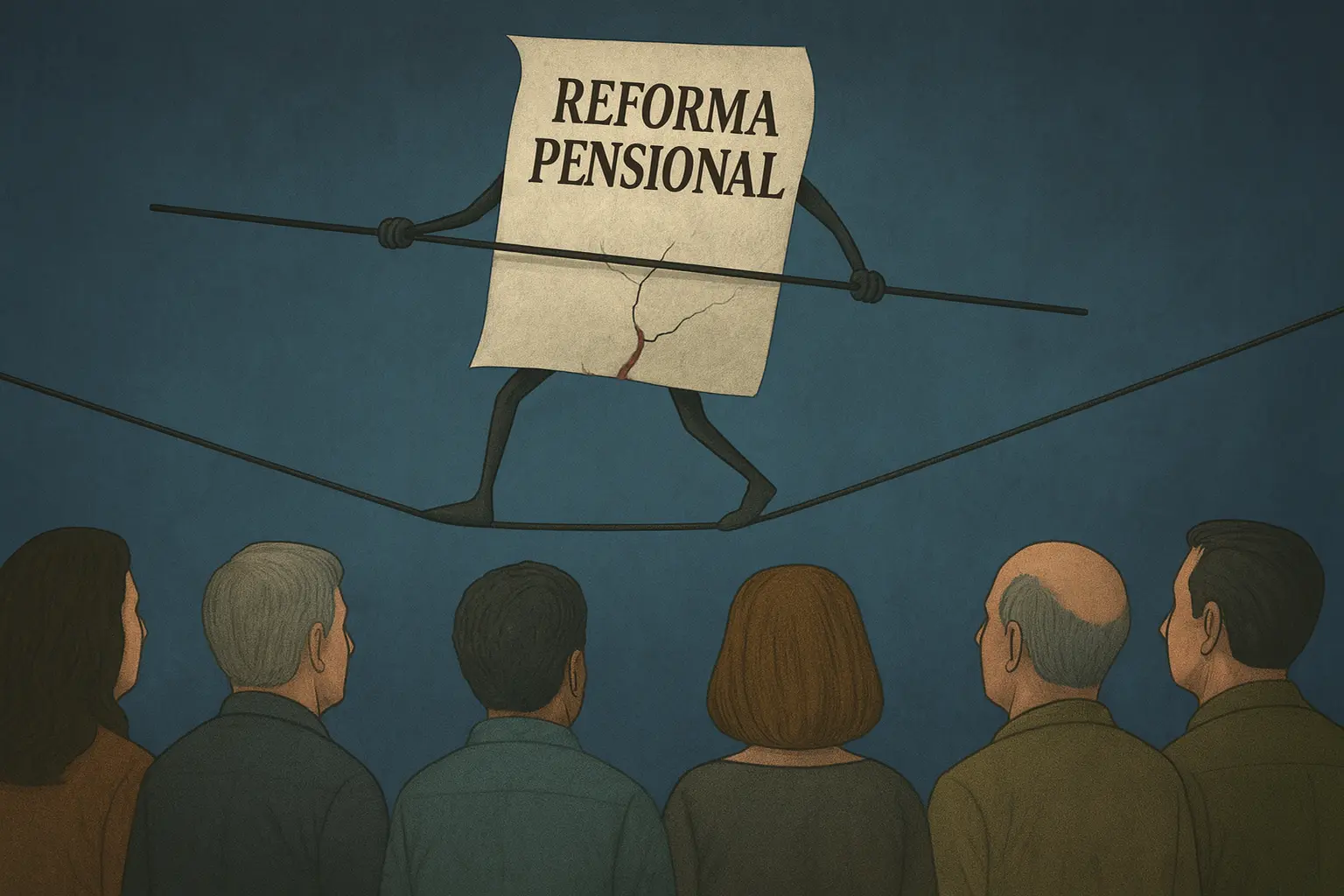 La Reforma Pensional está suspendida y en estado agónico 3 Ilustración simbólica de la reforma pensional caminando sobre una cuerda floja, sostenida con una vara de equilibrio y observada por ciudadanos, representando fragilidad e incertidumbre.