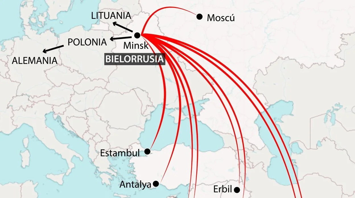 La Migración Como Arma de Guerra Híbrida: Instrumentalización, Límites y Respuesta. 3 Mapa que muestra las rutas aéreas de migrantes hacia Minsk, Bielorrusia, desde ciudades como Estambul, Antalya, Erbil y Moscú, utilizadas en 2021 para presionar a la Unión Europea, en el marco de la crisis migratoria instrumentalizada por Lukashenko.