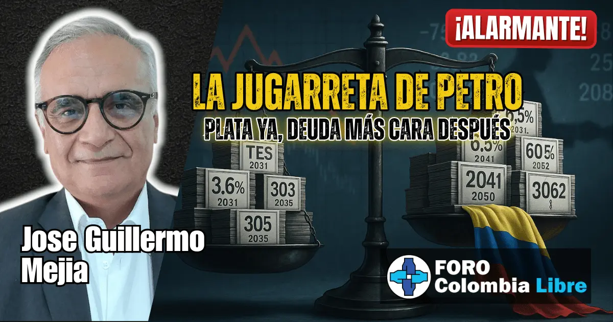 ¡Alarmante! La jugarreta de Petro con la deuda: plata ya, deuda más cara después 1 La Jugarreta de petro, Balanza con bonos TES de Colombia mostrando tasas 3.6% y 6.5%, símbolo de la deuda más cara generada por Gustavo Petro, con bandera colombiana y contraste económico.