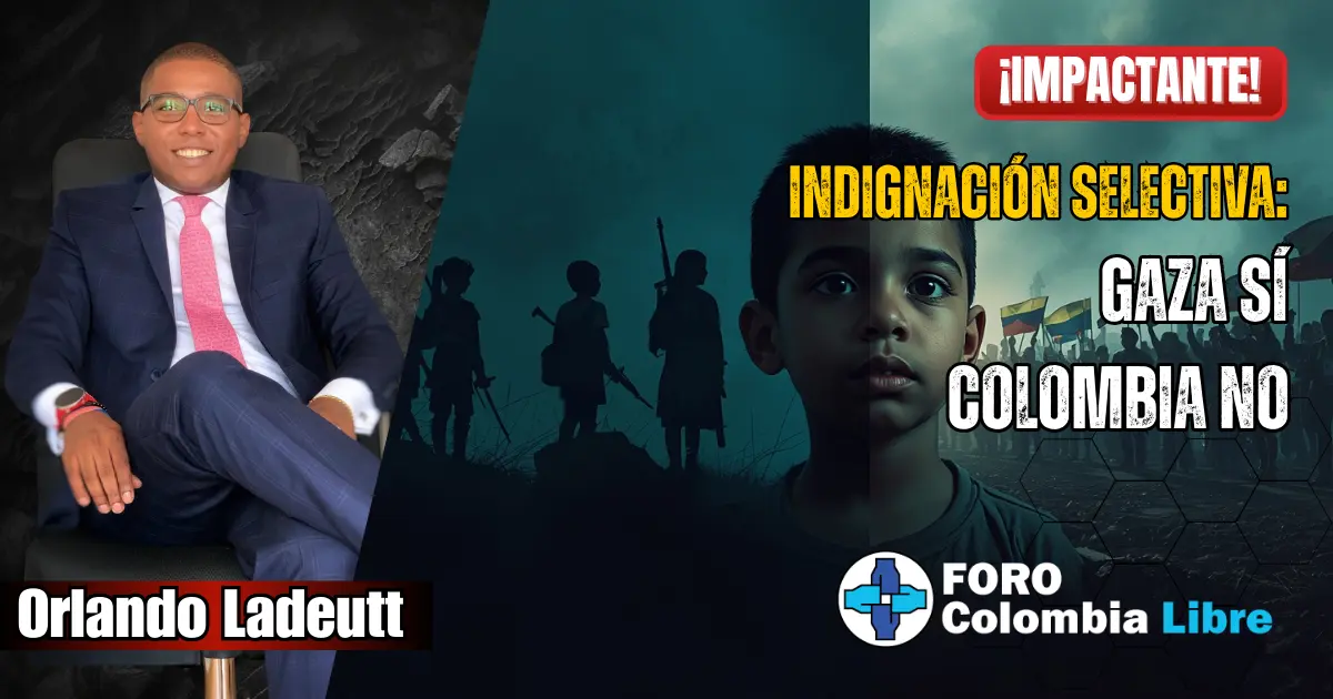 Indignación selectiva: contraste entre Gaza y Colombia, niño en primer plano y protesta en el fondo, denuncia de la violencia infantil.