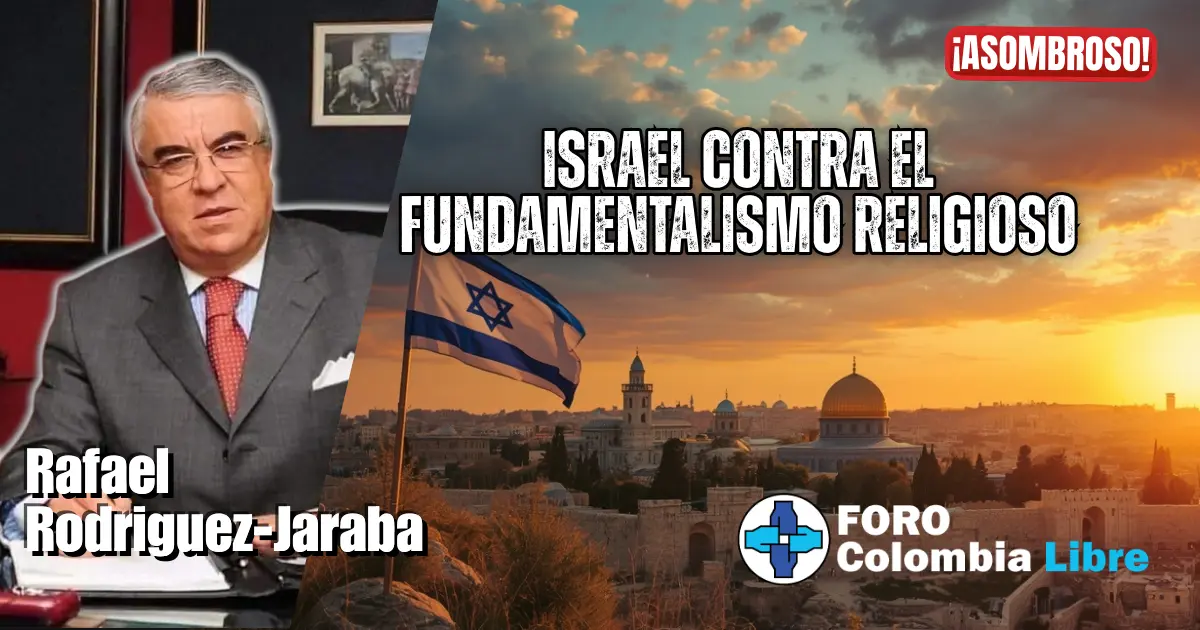 Israel contra el fundamentalismo religioso, bandera de Israel ondeando sobre Jerusalén al atardecer, símbolo de resistencia y pluralismo.