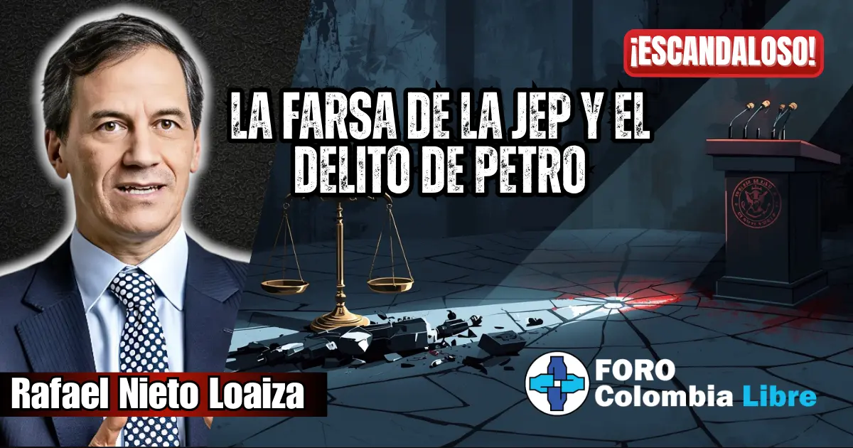Balanza de justicia rota frente a un atril vacío, simbolizando la impunidad de la JEP y el escándalo por Petro.