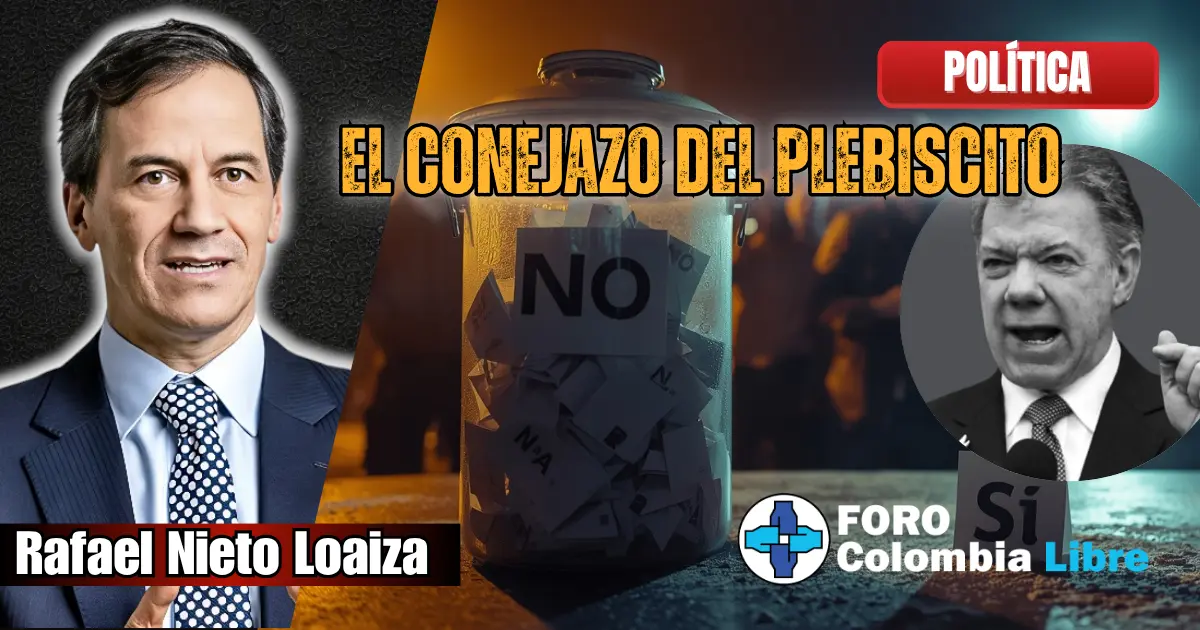 Rafael Nieto Loaiza junto a urna de votación llena de papeletas marcadas con “NO”, simbolizando el conejazo del plebiscito y la derrota del “Sí” en Colombia.