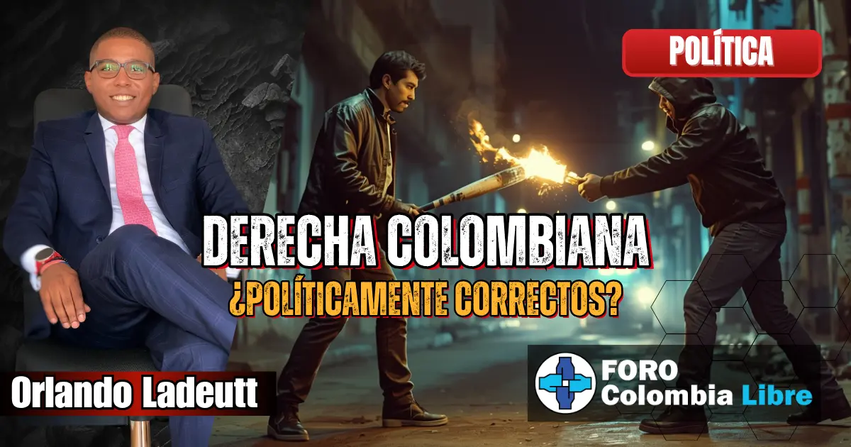 La Tragedia de la Derecha Colombiana: la obsesión con ser Políticamente Correctos 1 Un ciudadano con un bate de béisbol enfrenta a un encapuchado con una botella incendiaria en una calle urbana, simbolizando la defensa del orden y la tensión moral de la derecha colombiana.