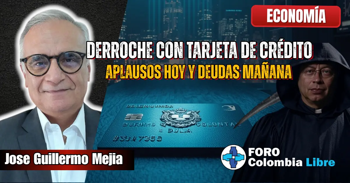 Petro y el Derroche Con Tarjeta De Crédito azul con escudo de Colombia en una mesa iluminada, símbolo del derroche de Petro y de las deudas económicas del país.