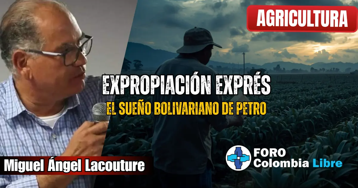 Expropiación Exprés: El Sueño Bolivariano de Petro para Empobrecer el Campo 1 Campesino colombiano trabajando al amanecer mientras el cielo se oscurece, simbolizando la expropiación exprés impulsada por el gobierno de Petro. A la izquierda, Miguel Ángel Lacouture sostiene un micrófono, representando la voz que denuncia la pérdida de la propiedad rural en Colombia.