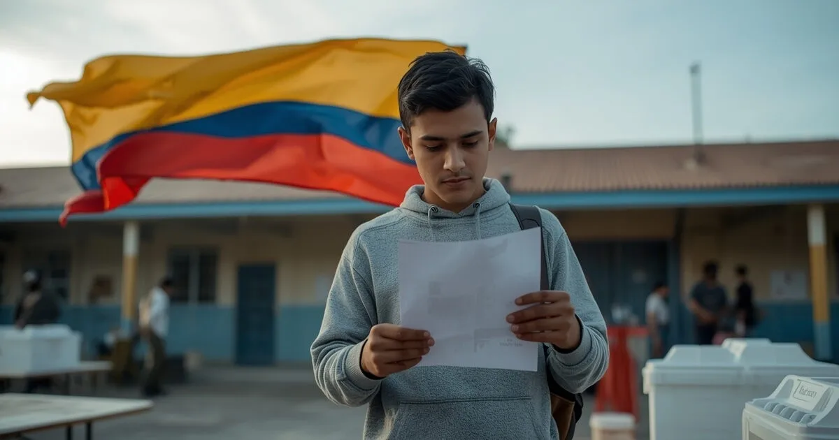 ¡Urgente! Carta Abierta a Nuestra Conciencia Democrática 3 Joven colombiano con la bandera nacional ondeando detrás, leyendo una carta frente a las urnas durante una jornada electoral, símbolo de conciencia democrática y compromiso ciudadano.