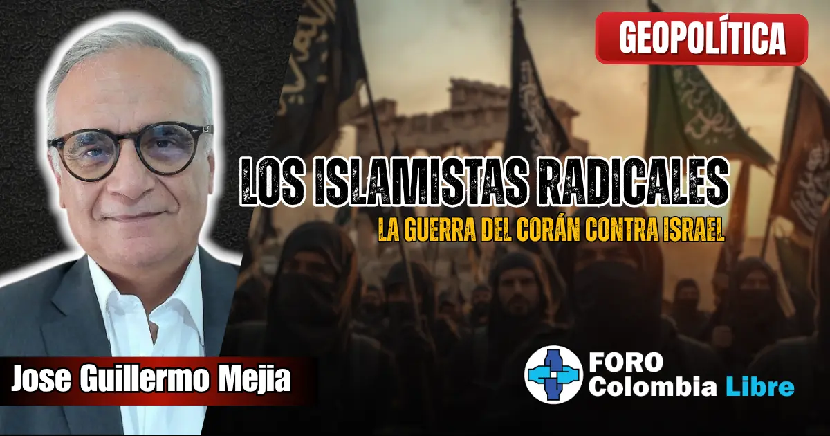 Retrato de José Guillermo Mejía junto a una imagen de manifestantes de los islamistas radicales con banderas negras y verdes, representando la guerra del Corán contra Israel.