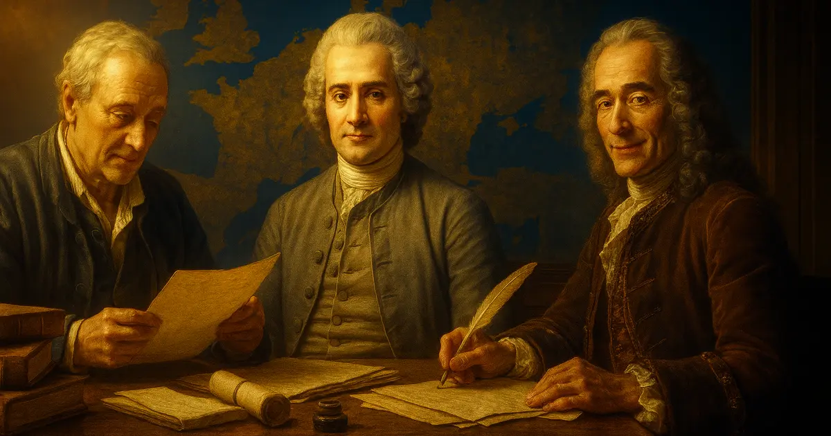 Los Jóvenes Tienen La Palabra | Elecciones De Juventud 3 Rousseau, Voltaire y Montesquieu reunidos en un estudio ilustrado del siglo XVIII, analizando manuscritos y escribiendo con plumas sobre una mesa de madera, con el mapa de Europa de fondo, símbolo del origen del pensamiento democrático moderno.