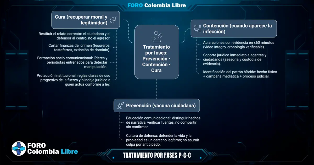 En la Guerra Híbrida, no te matan, te esclavizan. 4 Foro Colombia Libre – Tratamiento por fases P·C·C: infografía que muestra las tres etapas para enfrentar una guerra híbrida en Colombia: prevención (vacuna ciudadana), contención (respuesta inmediata con evidencia) y cura (recuperar la moral y legitimidad), con estrategias de comunicación, defensa jurídica y protección institucional.