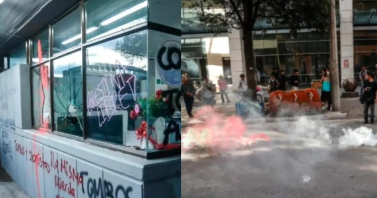 La Tragedia de la Derecha Colombiana: la obsesión con ser Políticamente Correctos 3 Ventanas y muros cubiertos de grafitis y pintura durante protestas en una ciudad colombiana, símbolo del vandalismo y del discurso que lo justifica como expresión social.