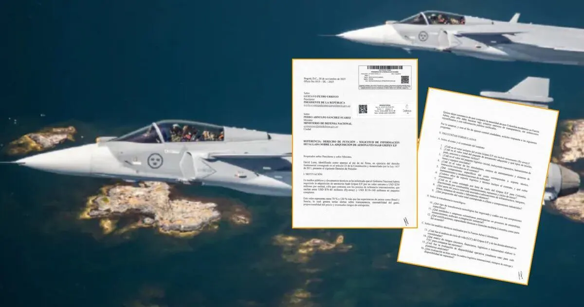 EL EXILIO DORADO 3 Aviones de combate Saab Gripen E sobrevolando el mar, junto a documentos oficiales sobre la adquisición de estas aeronaves por el Gobierno colombiano.