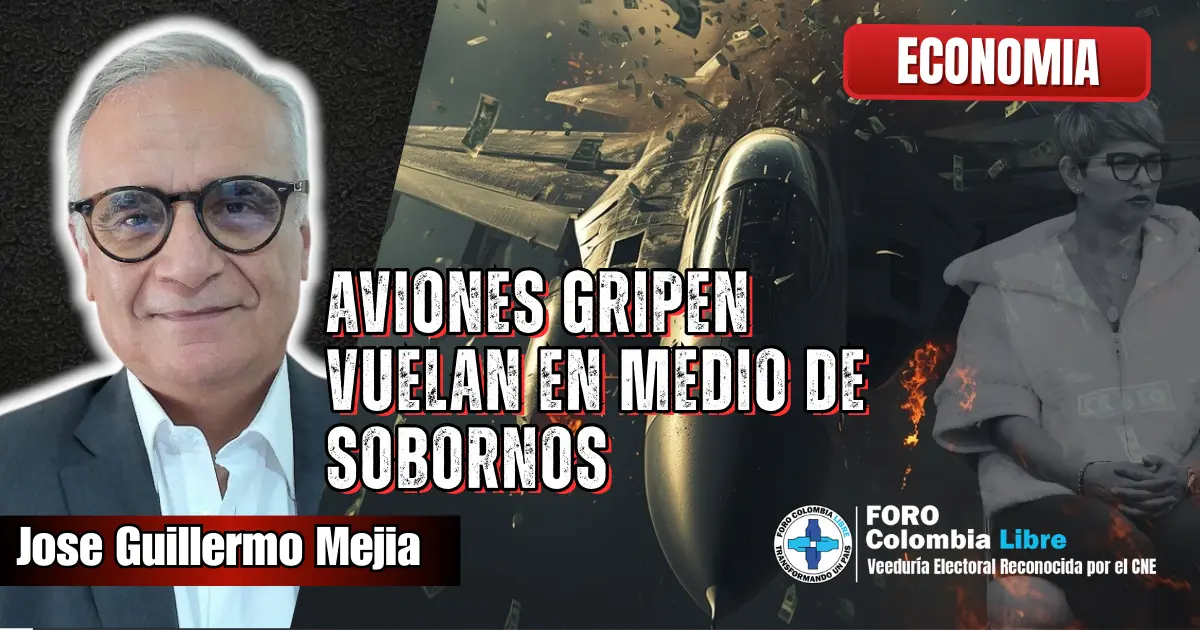 AVIONES GRIPEN VUELAN EN MEDIO DE SOBORNOS: Avión Gripen incendiándose mientras caen billetes de dólar, simbolizando sobornos, junto al rostro del autor José Guillermo Mejía y la figura de Verónica Alcocer.