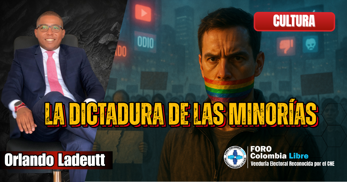 Hombre con la boca cubierta por una cinta multicolor que simboliza la censura moral, representando la dictadura de las minorías en Colombia, junto al autor Orlando Ladeutt.