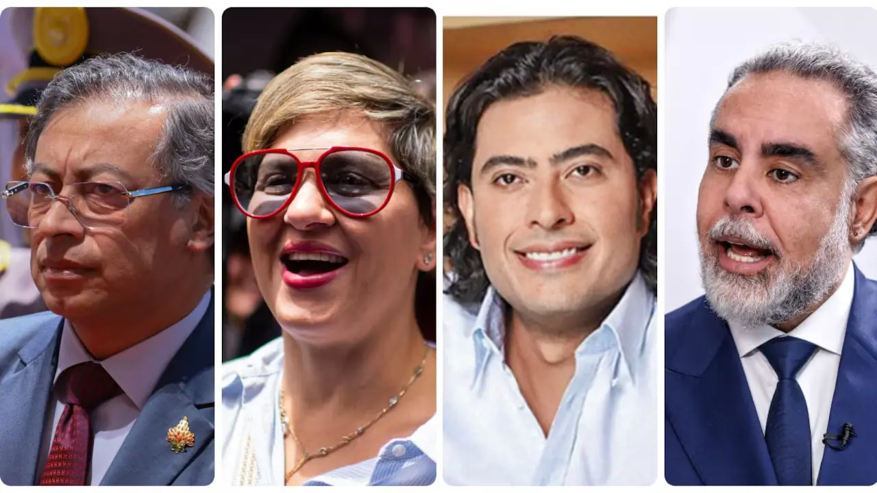 LISTA CLINTON ¿Puede visitar Verónica Alcocer a Antonella? 3 Composición de cuatro figuras políticas colombianas en formato dividido, representando al gobierno y sus aliados dentro del contexto de la Lista Clinton y las sanciones internacionales.