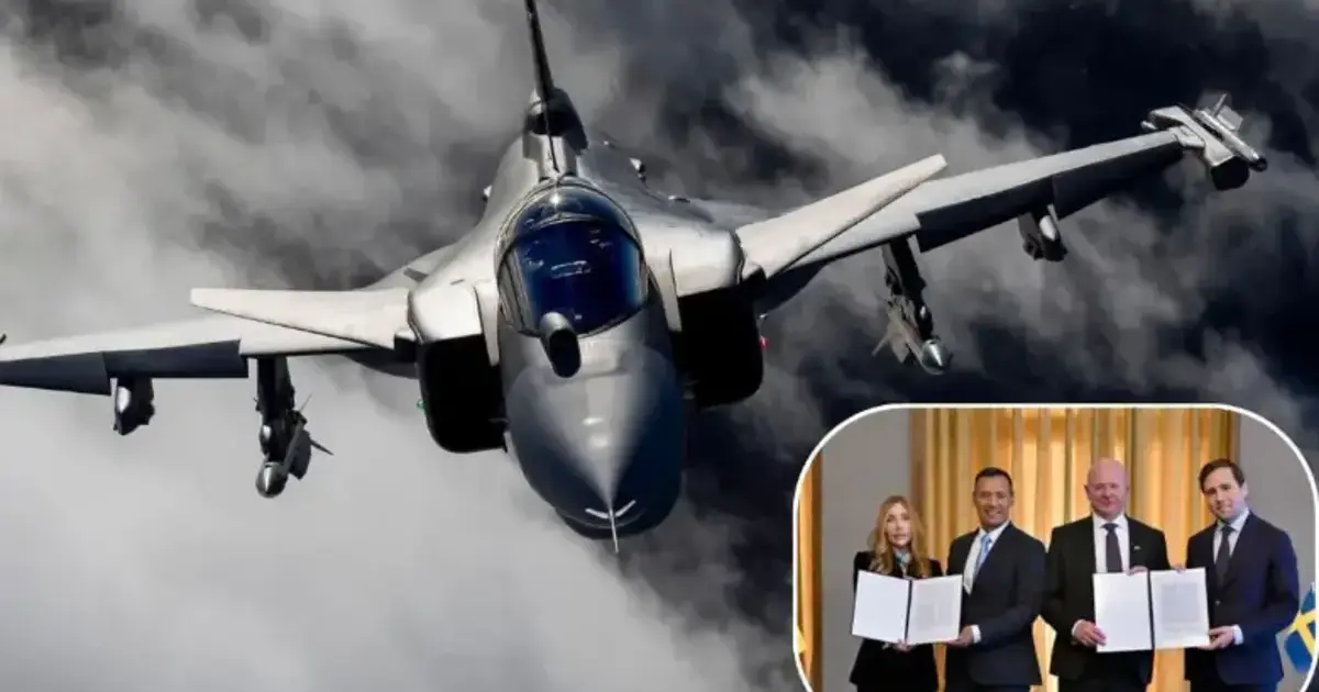 EL EXILIO DORADO 2 Caza Saab Gripen en vuelo entre nubes, acompañado de fotografía del acto oficial de firma del acuerdo de adquisición entre representantes suecos y colombianos.