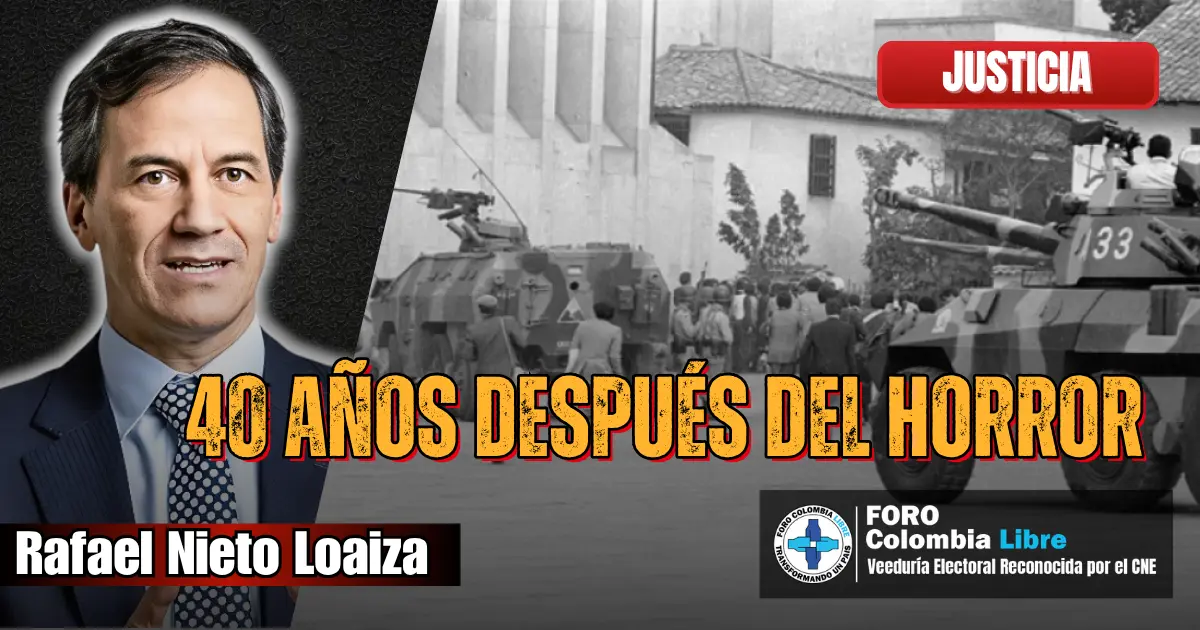 40 años después del horror, Rafael Nieto Loaiza frente a una imagen histórica del Palacio de Justicia con tanques del Ejército, recordando los 40 años del horror y la impunidad del M19.