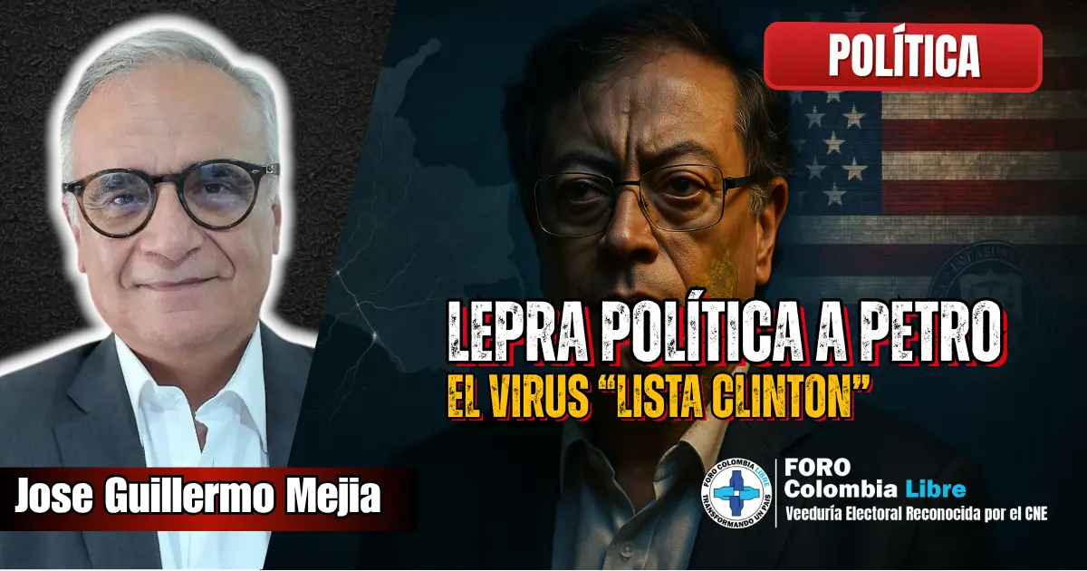 Retrato simbólico del presidente colombiano con el rostro en sombras y la bandera de Estados Unidos al fondo, representando la lepra política a Petro y el aislamiento de la Lista Clinton.