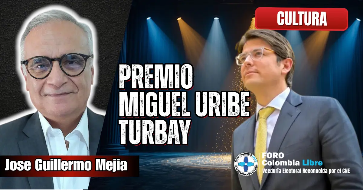 Ceremonia simbólica del Premio Miguel Uribe Turbay con fondo institucional y luces doradas, representación del liderazgo ético reconocido por One Young World.