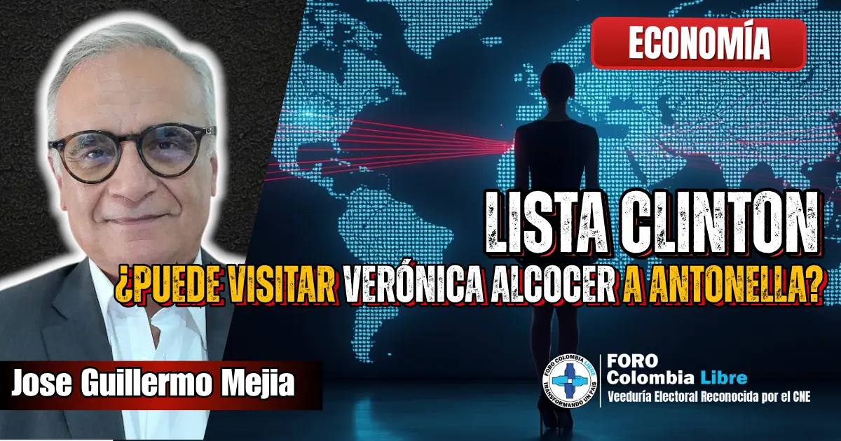 LISTA CLINTON ¿Puede visitar Verónica Alcocer a Antonella? 1 Silueta de mujer frente a un mapa mundial digital con flechas rojas que salen desde Colombia hacia distintos destinos internacionales, representando las restricciones impuestas por la Lista Clinton a Verónica Alcocer.