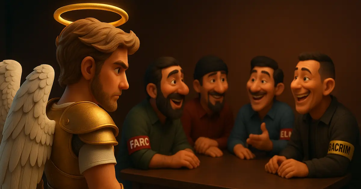 La Novena Petrista: En la zona roja del Palacio de Nariño la Virgen avanza y San José ya quiere retroceder 3 San Gabriel en estilo Pixar 3D, vestido como ángel guerrero, observando con firmeza a figuras simbólicas con brazaletes de FARC, ELN y Bacrim riendo en una mesa, en una escena crítica inspirada en La novena petrista.