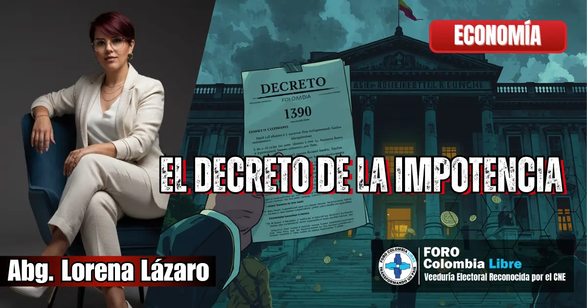 Ilustración crítica del Decreto de la Impotencia en Colombia, con decreto 1390, Casa de Nariño y advertencia fiscal