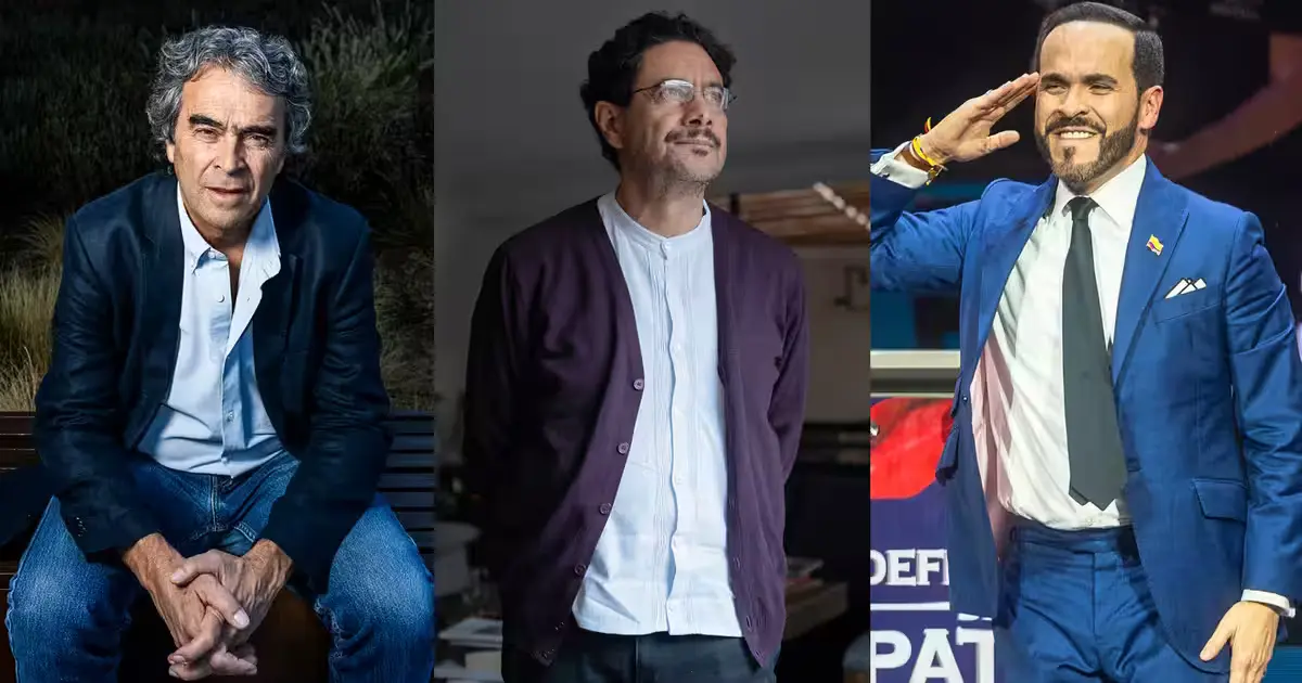 ¿DE FAJARDO A ABELARDO? 2 Fotografías de Sergio Fajardo, Iván Cepeda y Abelardo de la Espriella en tres retratos separados, usados para ilustrar el contraste político entre centro, izquierda y derecha en Colombia.