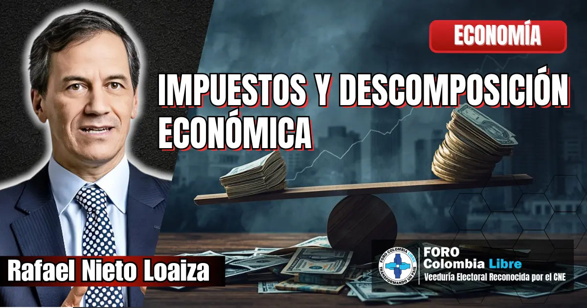 Impuestos Y Descomposición Económica 1 Impuestos y descomposición económica representados con balanza desequilibrada, dinero y análisis fiscal en Colombia