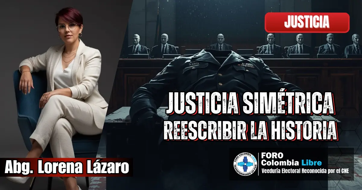 Imagen editorial sobre justicia simétrica en Colombia: uniforme militar vacío frente a un tribunal, con magistrados al fondo y la abogada Lorena Lázaro Ocampo como autora del análisis crítico sobre la JEP y la reescritura de la historia.
