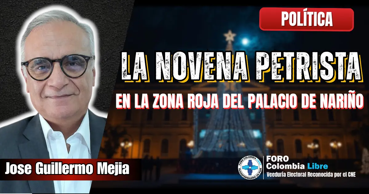 Escena navideña satírica frente a un Palacio inspirado en la Casa de Nariño, simbolizando La novena petrista con un pesebre en caos y ambiente político tenso.