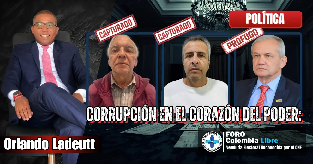 Corrupción en el corazón del poder: el fracaso ético del Gobierno Petro 1 Imagen editorial sobre corrupción en el corazón del poder en Colombia, con exfuncionarios del Gobierno Petro señalados como capturados y prófugo, análisis político de Foro Colombia Libre.