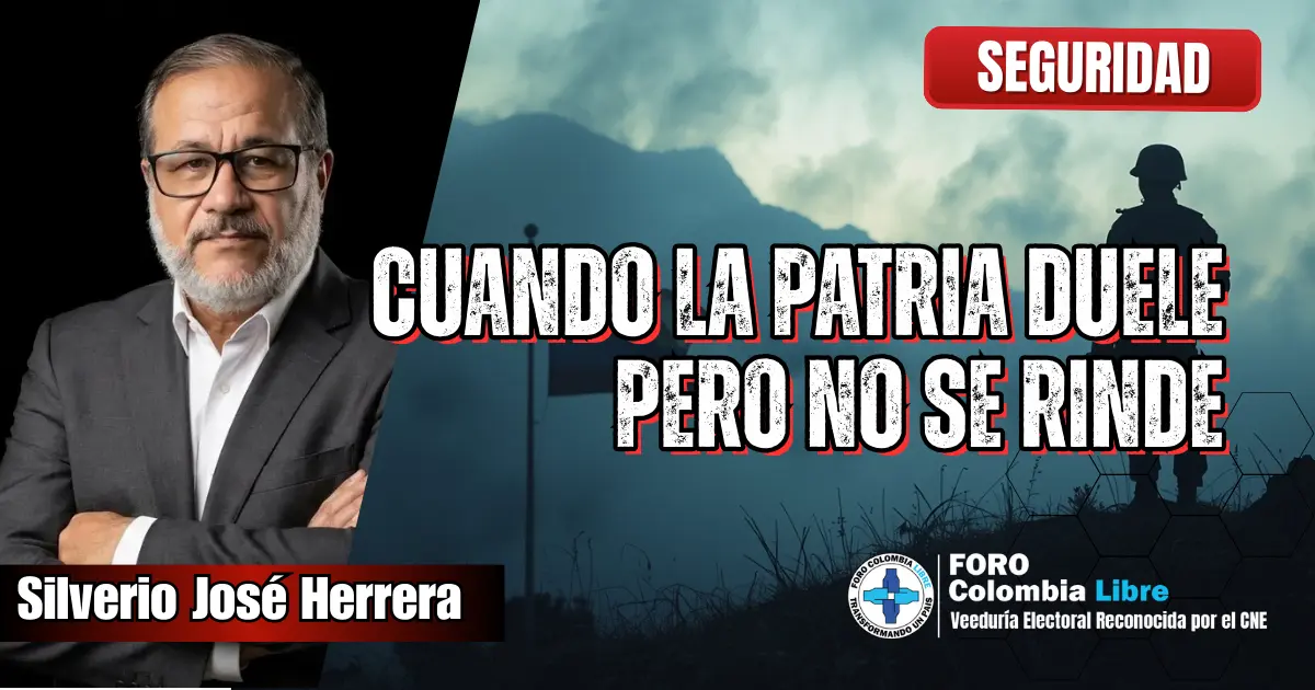 CUANDO LA PATRIA DUELE, PERO NO SE RINDE Imagen editorial de seguridad con Silverio José Herrera, silueta de soldado y el mensaje “Cuando la patria duele, pero no se rinde”, columna de Foro Colombia Libre sobre Fuerza Pública y dignidad nacional.