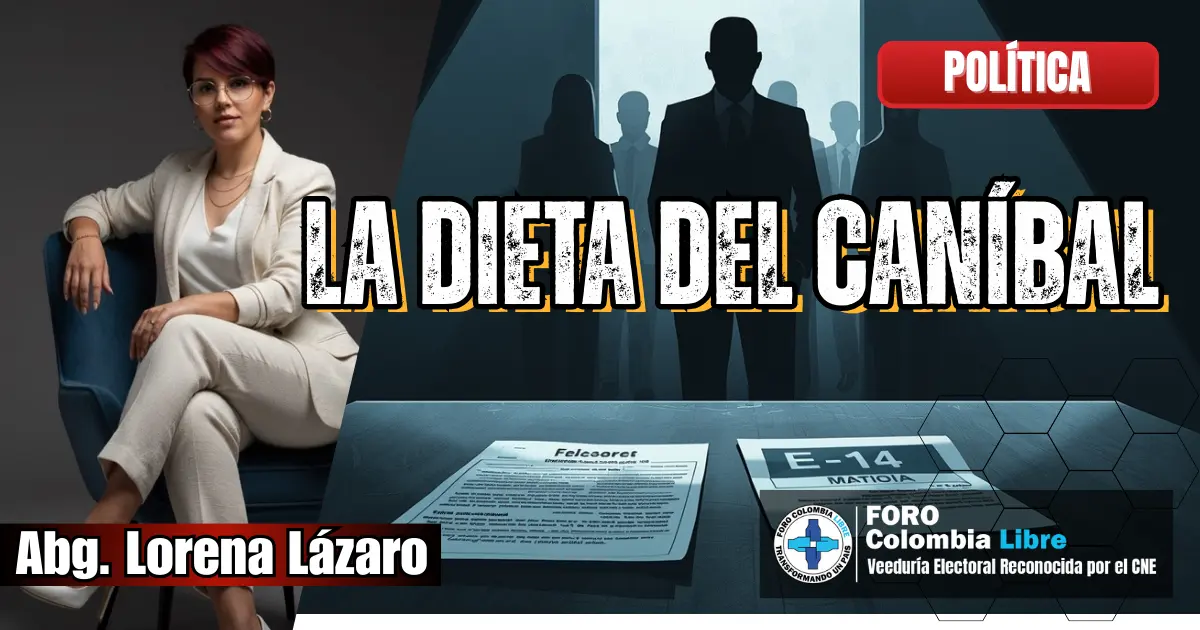 LA DIETA DEL CANÍBAL: Cómo impedir que los mercaderes de la democracia nos devoren en 2026 1 Imagen destacada del artículo La Dieta del Caníbal, con la abogada Lorena Lázaro, actas electorales E-14 y siluetas políticas en un ambiente de denuncia sobre fraude electoral en Colombia 2026.