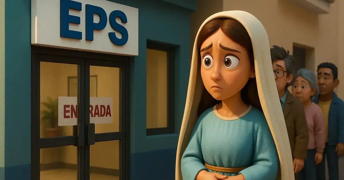 La Novena Petrista: En la zona roja del Palacio de Nariño la Virgen avanza y San José ya quiere retroceder 2 Escena estilo Pixar 3D que representa La novena petrista con la Virgen María haciendo fila en una EPS en Colombia, mostrando el colapso del sistema de salud.