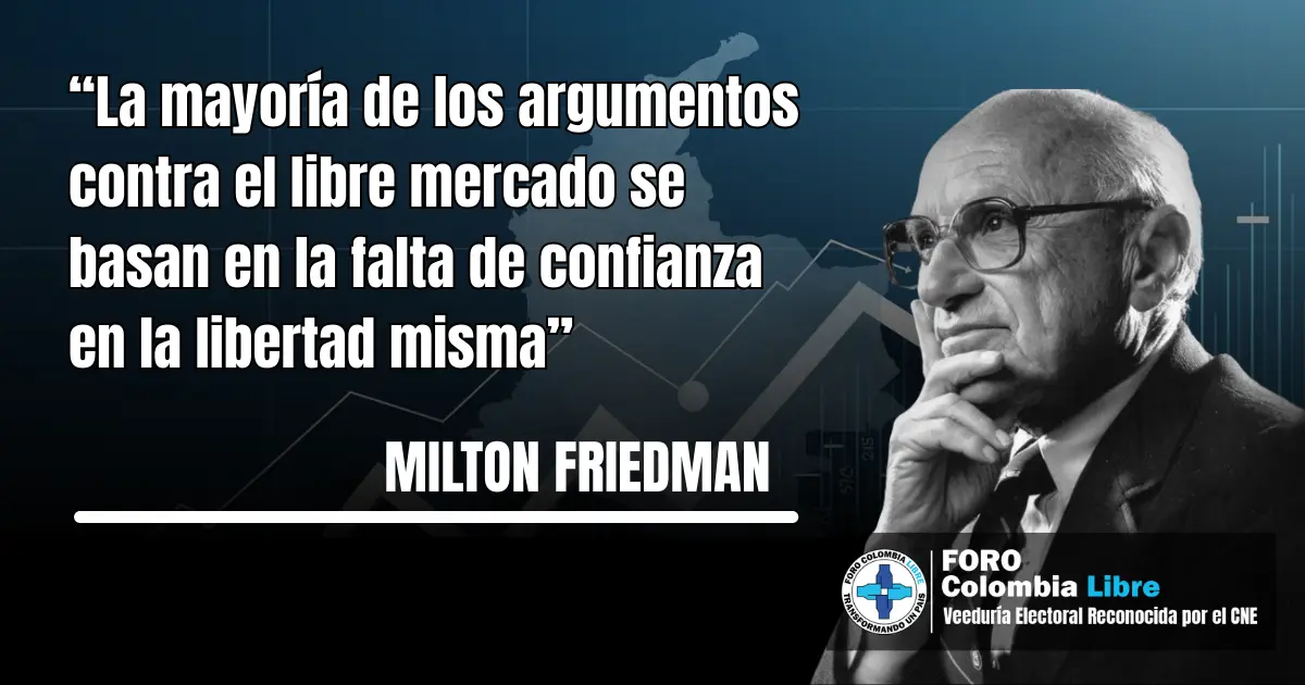 Si Colombia siguiera a Friedman, sería potencia económica mundial 2 Cita de Milton Friedman sobre el libre mercado y la confianza en la libertad económica, con imagen del economista y fondo conceptual de Colombia.